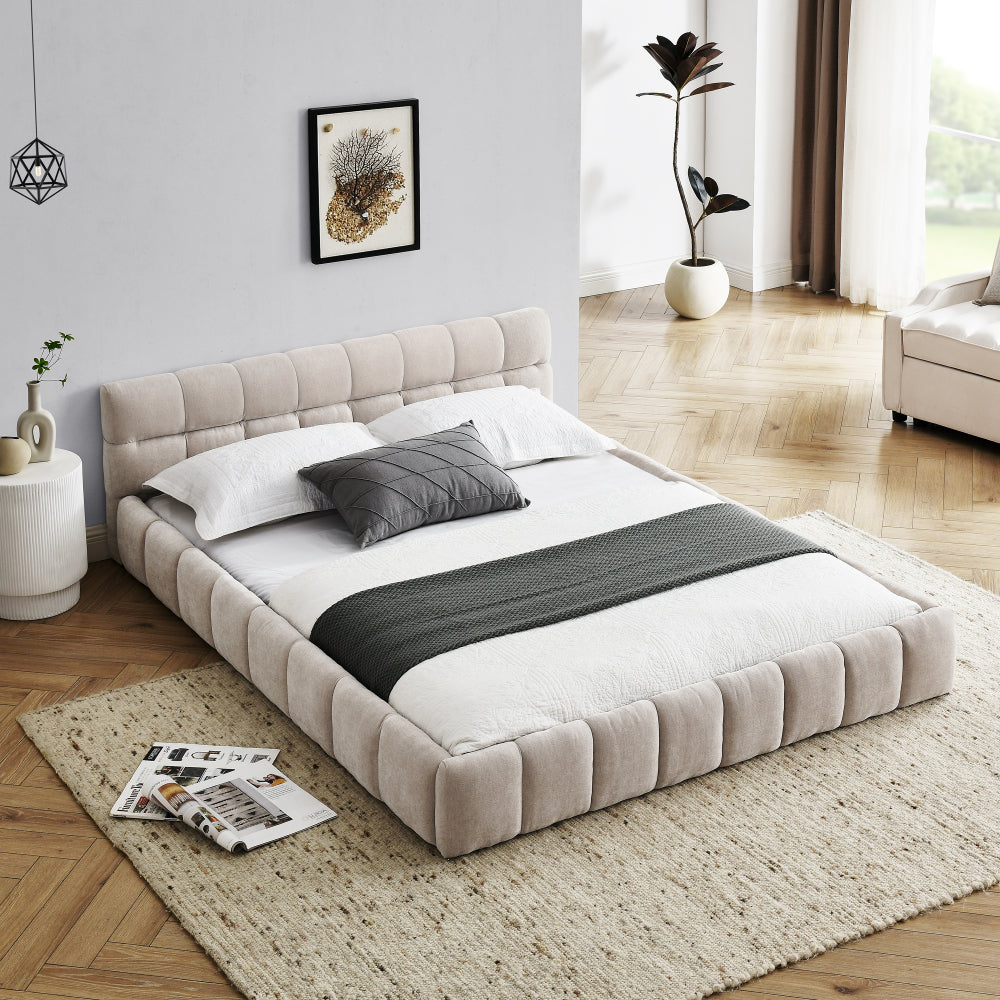 Queen Size Low Profile Platform Bed | Square Tufted Chenille Upholstered | Headboard & Footboard | 500 lbs | No Box Spring Needed | Beige/Dark Gray/Pink/Blue-Green