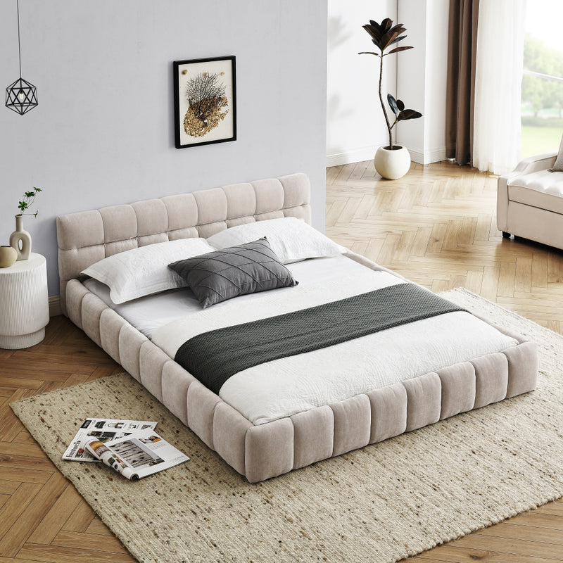 Queen Size Low Profile Platform Bed | Square Tufted Chenille Upholstered | Headboard & Footboard | 500 lbs | No Box Spring Needed | Beige/Dark Gray/Pink/Blue-Green