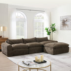 116" Fully Compressed 4-Seat Chenille Sectional Sofa | Integrated Backrest & Seat Cushion | Free Movement Ottoman | Decorative Edging | Legless Low-Profile Design | No Assembly Required | Living Room, Apartment | Brown/White/Green/Orange