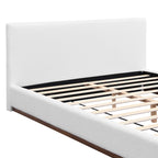 Queen/King Size White Boucle Upholstered Platform Bed | Wood Grain Textured Brown Solid Wood Base | 11 Slats + 4 Legs | 800 lbs | No Box Spring Needed | 2-Person Easy Assembly | White