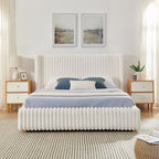 Queen/King Size Gas Lift Storage Bed | Vertical Striped Rabbit Fur Upholstered | Hydraulic Under-Bed Storage | 500 lbs | Eucalyptus Wood Frame | Silent Mechanism | Easy Assembly | Beige