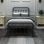 Twin/Full/Queen Size Victorian Metal Platform Bed Frame | Spindle Headboard & Footboard | 13 Slats + 9 Center Legs | 450 lbs | 10.6" Under-Bed Storage | No Box Spring Needed | Black