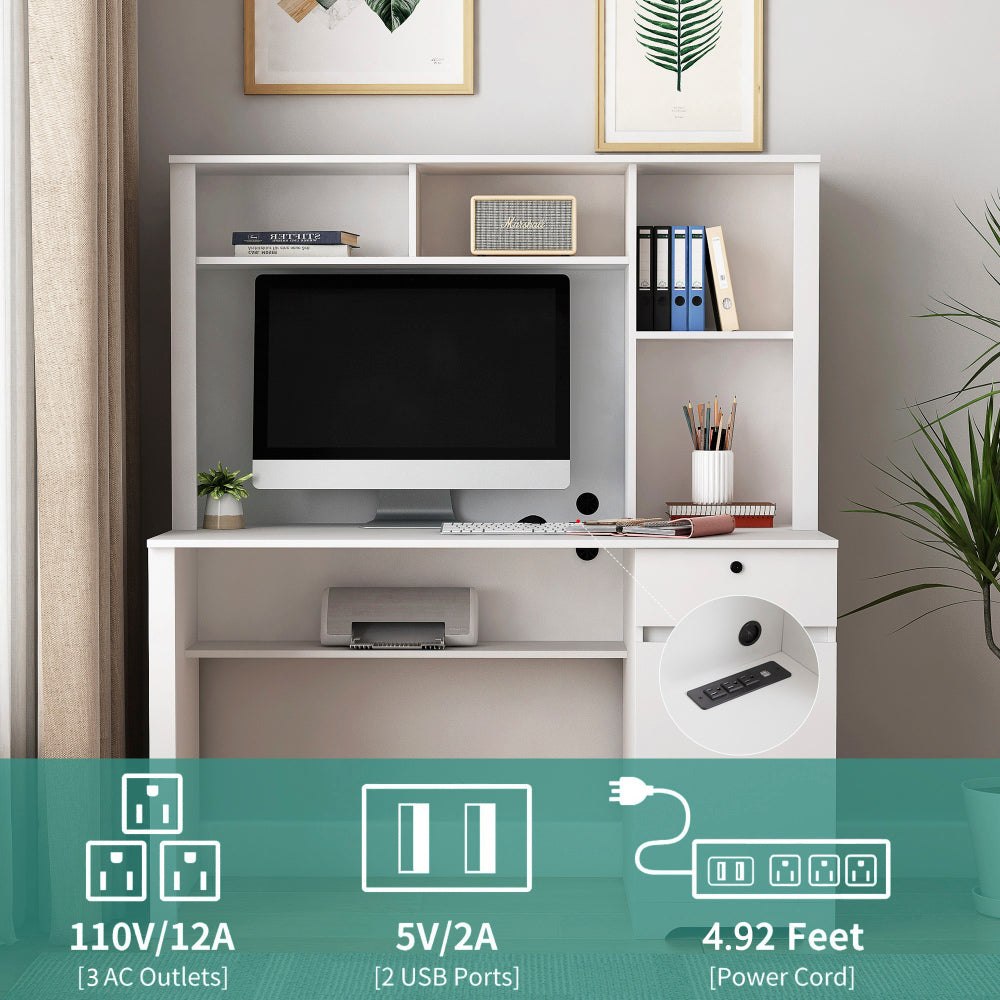 Computer Desk with Hutch & Bookshelf — 51" Wood Executive Desk with Drawers | 3 AC Outlets & 2 USB Charging Ports | Lockable Drawer | Monitor Stand & Storage Shelves | Home Office, Student, Teen Study Desk | White/Black