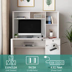 Computer Desk with Hutch & Bookshelf — 51" Wood Executive Desk with Drawers | 3 AC Outlets & 2 USB Charging Ports | Lockable Drawer | Monitor Stand & Storage Shelves | Home Office, Student, Teen Study Desk | White/Black