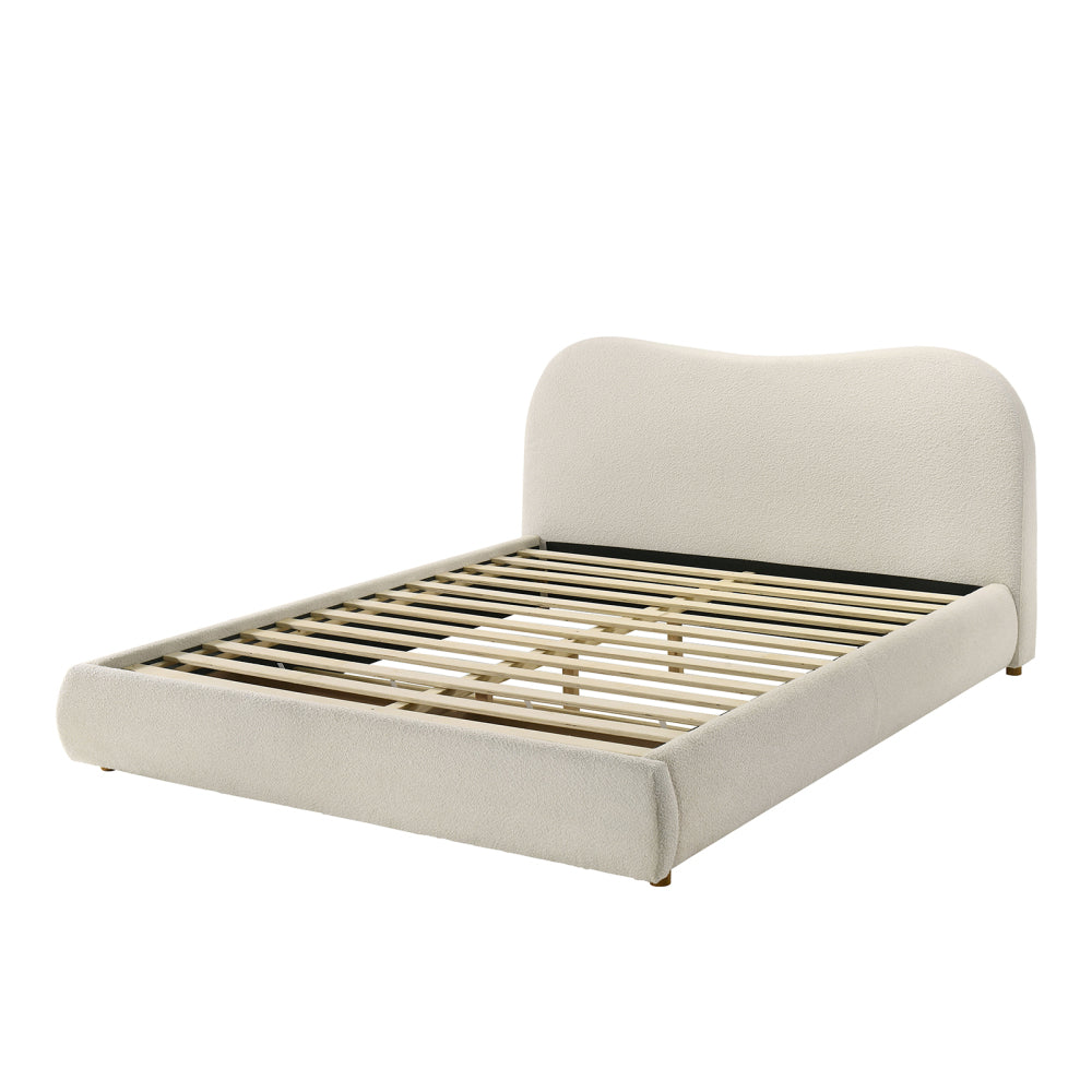 Queen Size Boucle Upholstered Platform Bed | Curved Cloud Headboard & Footboard Storage Drawer | Solid & Engineered Wood | Contemporary Style