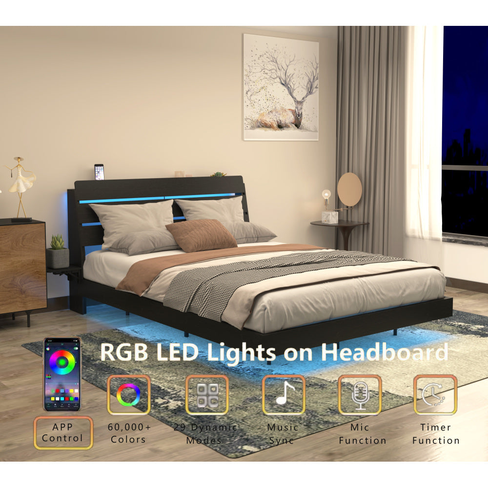 Full/Queen Size Wood Platform Bed with Bookshelf Storage Headboard | 2 Drawers | 2 AC Outlets 1 USB 1 Type-C Charging Station | 60,001 Color LED Lights APP Control | No Box Spring | Brown/Black/Walnut