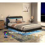 Full/Queen Size Wood Platform Bed with Bookshelf Storage Headboard | 2 Drawers | 2 AC Outlets 1 USB 1 Type-C Charging Station | 60,001 Color LED Lights APP Control | No Box Spring | Brown/Black/Walnut