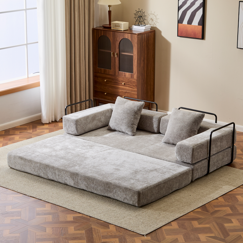 3-Seat Convertible Floor Sofa Bed | Foldable Armrest & Backrest | Premium Chenille + Memory Foam | Pillow Back Support | No Assembly Required | Multi-Occasion | Light Gray/Dark Gray/Dark Green/Baby Blue/Orange