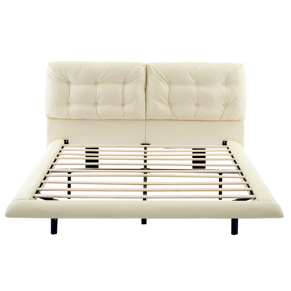 Queen Size PU Leather Floating Platform Bed | Button Tufted Segmented Headboard | Remote-Controlled LED Light Strip 6 Colors | 800 lbs | Hidden Leg Design | No Box Spring Needed | Pink / White / Khaki