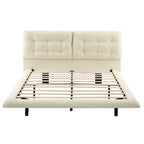 Queen Size PU Leather Floating Platform Bed | Button Tufted Segmented Headboard | Remote-Controlled LED Light Strip 6 Colors | 800 lbs | Hidden Leg Design | No Box Spring Needed | Pink / White / Khaki