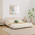 King Size Low Profile Platform Bed | Curved Rounded Velvet Headboard | 550 lbs | Solid Wood & Metal Frame | 13 Slats | No Box Spring | Beige/Green