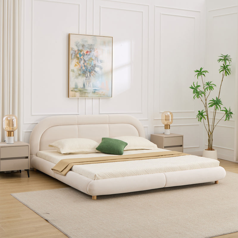 King Size Low Profile Platform Bed | Curved Rounded Velvet Headboard | 550 lbs | Solid Wood & Metal Frame | 13 Slats | No Box Spring | Beige/Green