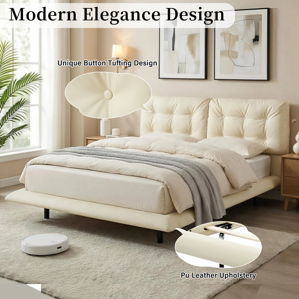 Queen Size PU Leather Floating Platform Bed | Button Tufted Segmented Headboard | Remote-Controlled LED Light Strip 6 Colors | 800 lbs | Hidden Leg Design | No Box Spring Needed | Pink / White / Khaki