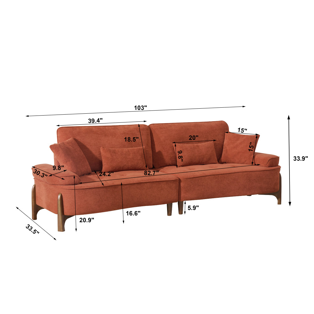 103" Deep Seat 3-Seater Sofa | 24" Extra Deep Cushions | Cloud Velvet Polyester Fabric | Solid Eucalyptus Frame & Wood Legs | 4 Pillows Included | 600 lbs | Pillow Top Arms | Beige / Green / Brick Red