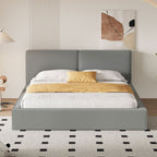 Queen Size Velvet Upholstered Platform Bed | Fully Wrapped Low Profile Frame | Solid MDF & Particle Board | No Box Spring Needed | Easy Assembly | Gray / Beige
