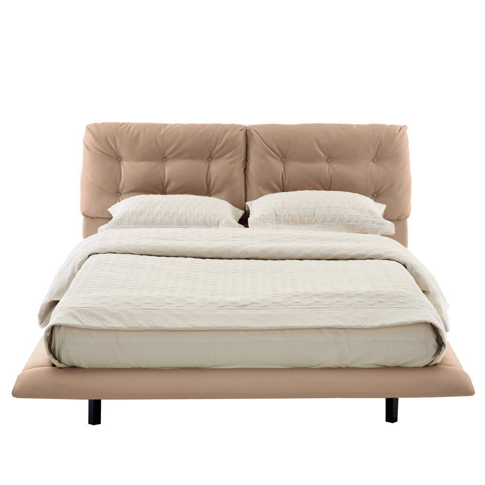 Queen Size PU Leather Floating Platform Bed | Button Tufted Segmented Headboard | Remote-Controlled LED Light Strip 6 Colors | 800 lbs | Hidden Leg Design | No Box Spring Needed | Pink / White / Khaki