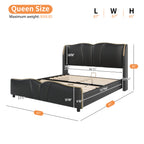 Queen Size PU Leather Wingback Platform Bed | Wave-Shaped Headboard & Footboard | 46.5" Tall Headboard | High-Resilience Sponge Fill | 800 lbs Wood Slats | No Box Spring Needed | Dark Green / Black / Antique Blue