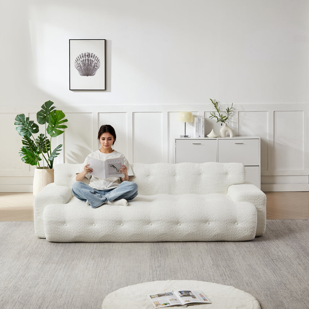 87.4" Cloud Series 3-Seat Minimalist Button-Tufted Sofa | Square Arm Chenille Upholstered Couch | High-Density Foam + Padded Backrest | No Assembly Required | Living Room, Apartment | White/Green/Black
