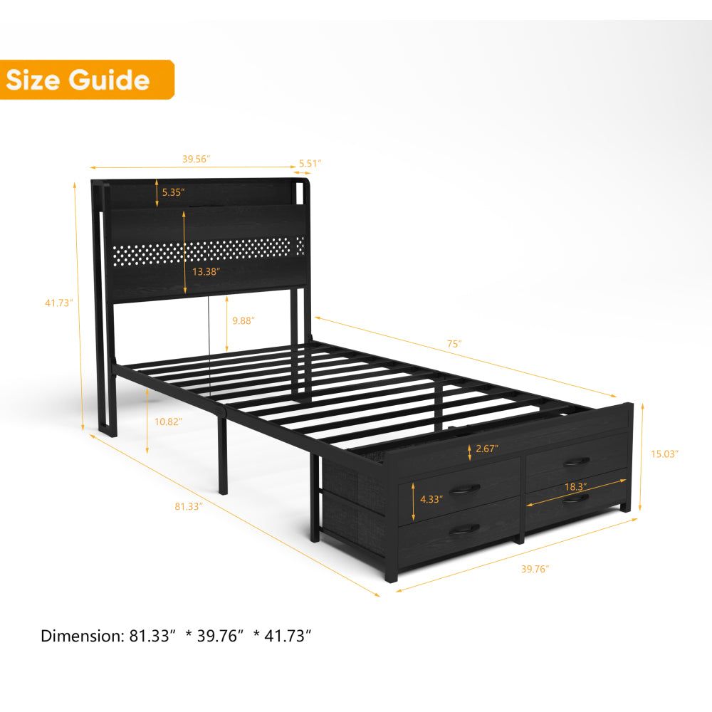 Twin/Full/Queen Size Metal Platform Bed with 4 Storage Drawers | Headboard Charging Station 2 Outlets & 2 USB | 16 RGB LED Lights 60000+ Colors | Heavy Duty Steel Slats | No Box Spring Needed | Black