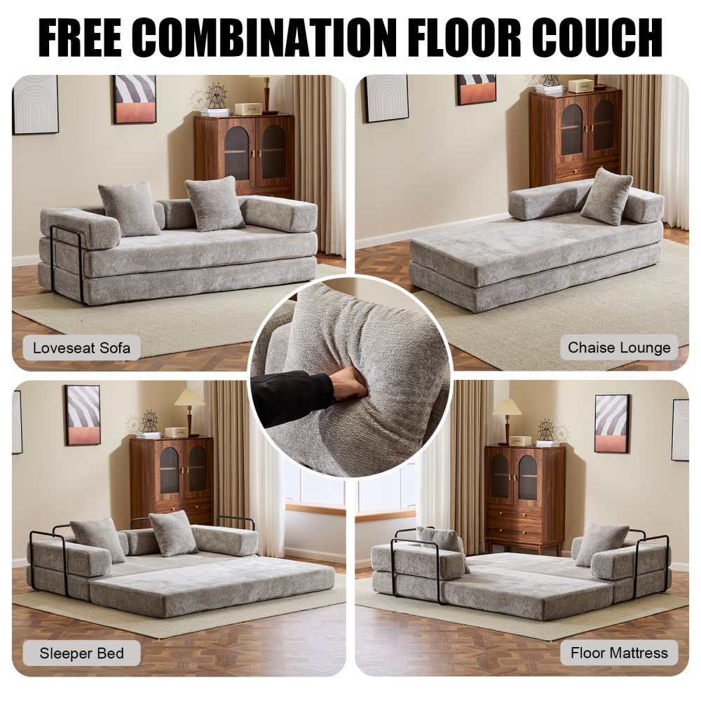 3-Seat Convertible Floor Sofa Bed | Foldable Armrest & Backrest | Premium Chenille + Memory Foam | Pillow Back Support | No Assembly Required | Multi-Occasion | Light Gray/Dark Gray/Dark Green/Baby Blue/Orange