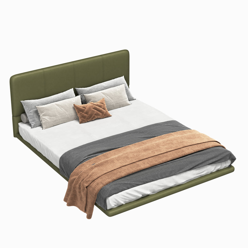 Full Size Floating PU Leather Platform Bed | Remote-Controlled LED Underglow 8 Dynamic Effects | Hidden Foot Design | Strong Wood Beam & Metal Legs | No Box Spring Needed | Easy Assembly | Green / Coffee