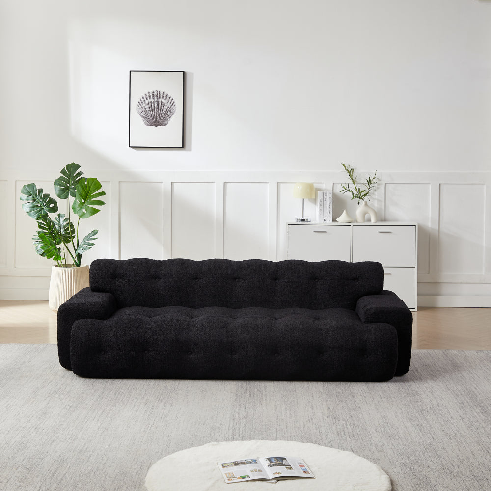87.4" Cloud Series 3-Seat Minimalist Button-Tufted Sofa | Square Arm Chenille Upholstered Couch | High-Density Foam + Padded Backrest | No Assembly Required | Living Room, Apartment | White/Green/Black