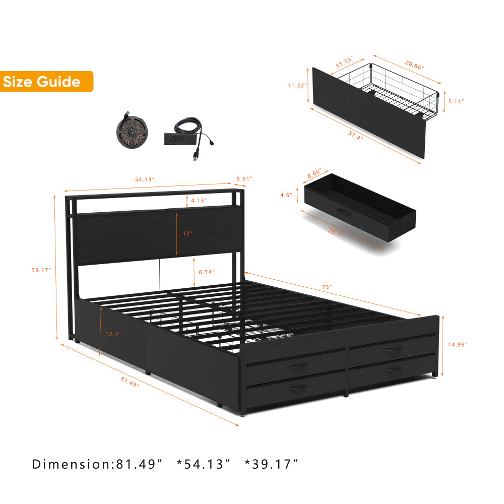 Twin/Full/Queen Size Metal Platform Bed with 4 Storage Drawers | Headboard Charging Station 2 Outlets & 2 USB | 16 RGB LED Lights 60000+ Colors | Heavy Duty Steel Slats | No Box Spring Needed | Black