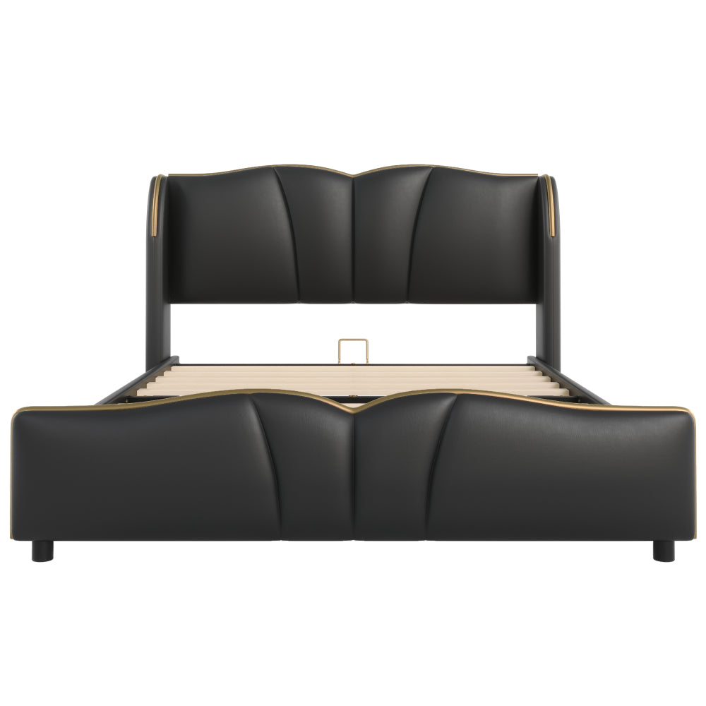 Queen Size PU Leather Wingback Platform Bed | Wave-Shaped Headboard & Footboard | 46.5" Tall Headboard | High-Resilience Sponge Fill | 800 lbs Wood Slats | No Box Spring Needed | Dark Green / Black / Antique Blue