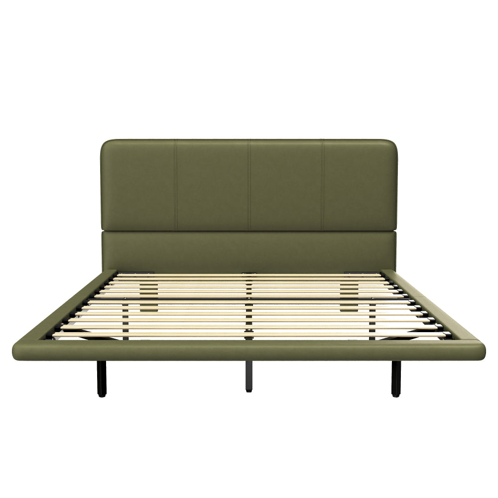 Full Size Floating PU Leather Platform Bed | Remote-Controlled LED Underglow 8 Dynamic Effects | Hidden Foot Design | Strong Wood Beam & Metal Legs | No Box Spring Needed | Easy Assembly | Green / Coffee