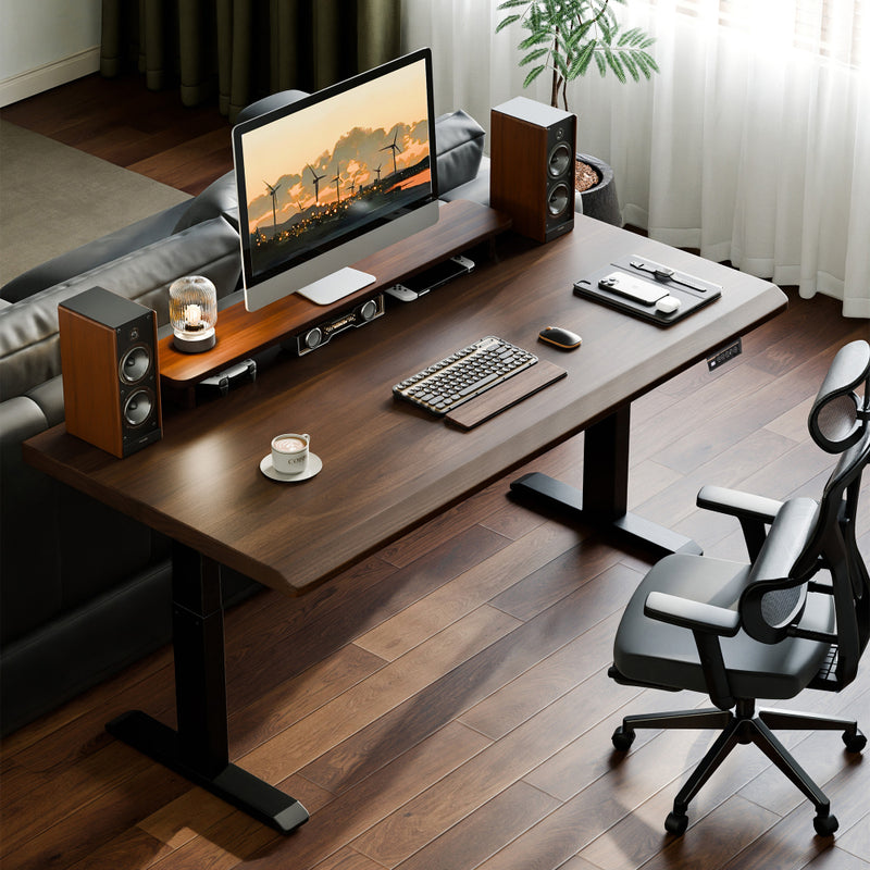 47" Solid Rubberwood Electric Standing Desk | Single Motor Height Adjustment | Sit-Stand Ergonomic Home Office Desk | Scratch-Resistant Natural Wood Top | Stable 2-Tier Steel Legs | Easy Assembly | Home Office, Living Room, Study | Walnut