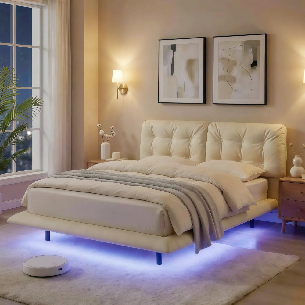 Queen Size PU Leather Floating Platform Bed | Button Tufted Segmented Headboard | Remote-Controlled LED Light Strip 6 Colors | 800 lbs | Hidden Leg Design | No Box Spring Needed | Pink / White / Khaki
