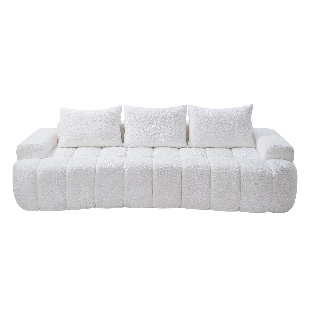 100" Extra Large Curved Front Sofa | 3-Seat Cloud-Like Boucle Sectional Couch | Vertical Channel Tufted | High-Resilience Compressed Foam | No Assembly | Easy to Move & Ship | Living Room, Apartment, Condo | White/Camel