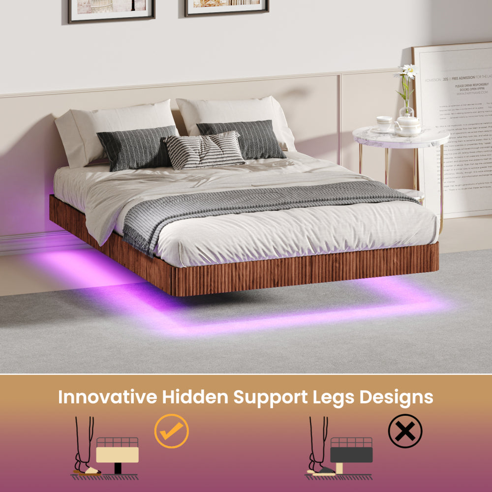 Oak King Floating Bed Frame with LED Lights, Wave Curve Wood Texture Bed with Heavy Duty Metal Slats - No Box Spring Needed.
