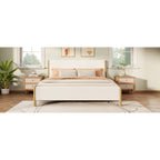 Queen/King Size White Boucle Upholstered Platform Bed | Natural Rubberwood Legs | Sustainable Engineered Wood Frame | No Box Spring Needed | Scandinavian Modern Style | White