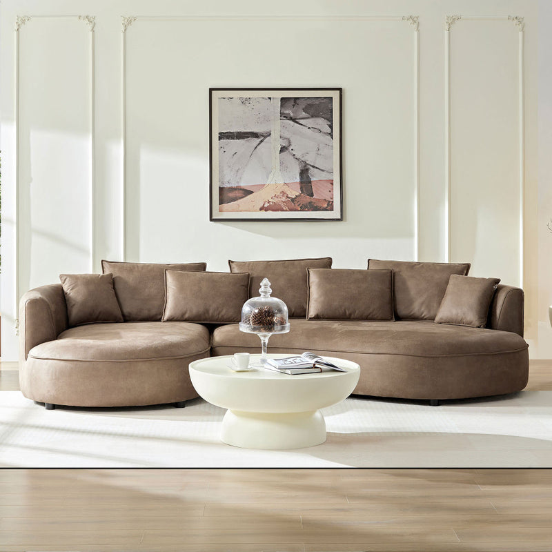 128.74" Modern Curved L-Shape Sectional Sofa | 5-Seat Leathaire Technology Cloth Couch | High-Density Foam + Elastic Spring | 5 Pillows Included | Easy Assembly | Living Room, Apartment, Office | Brown