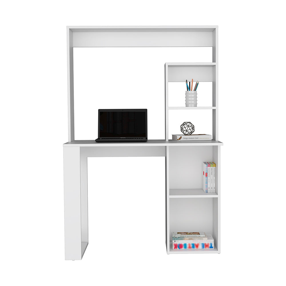 38.8" Modern Computer Desk with Hutch & Multiple Shelves | Spacious Work Surface | Compact Storage-Rich Design | Engineered Wood + Particle Board | Home Office, Student Room, Small Apartment | White/Black