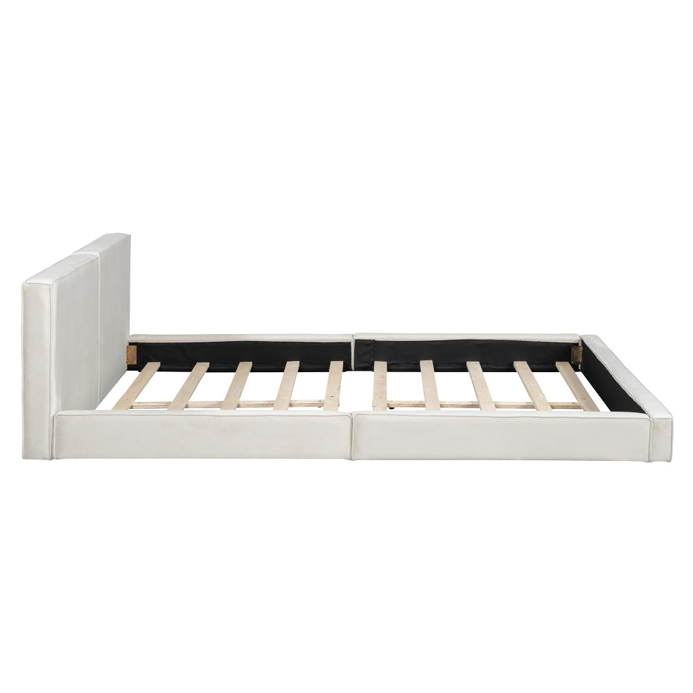 Queen Size Velvet Upholstered Platform Bed | Fully Wrapped Low Profile Frame | Solid MDF & Particle Board | No Box Spring Needed | Easy Assembly | Gray / Beige