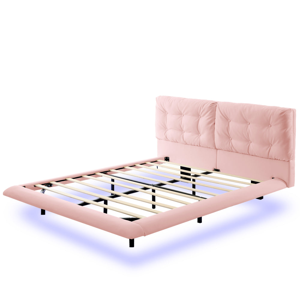 Queen Size PU Leather Floating Platform Bed | Button Tufted Segmented Headboard | Remote-Controlled LED Light Strip 6 Colors | 800 lbs | Hidden Leg Design | No Box Spring Needed | Pink / White / Khaki