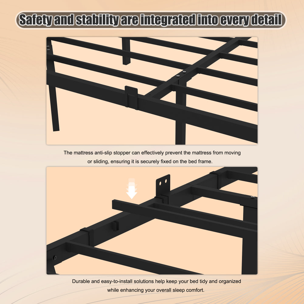 Full/Queen Size Heavy Duty Metal Platform Bed | 2 Bedside Shelves | LED Light | Reinforced Steel Slats | 800 lbs | Under-Bed Storage | No Box Spring Needed | Black