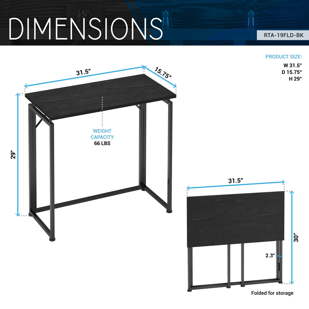 Techni Mobili 31.5" Wide Folding Desk for Small Spaces — No Assembly Required | Quick-Fold Portable Desk | Steel Frame & Particle Board Tabletop | Compact Laptop Workstation | Tray Table for Bedroom, Living Room, Dorm & Office | Black
