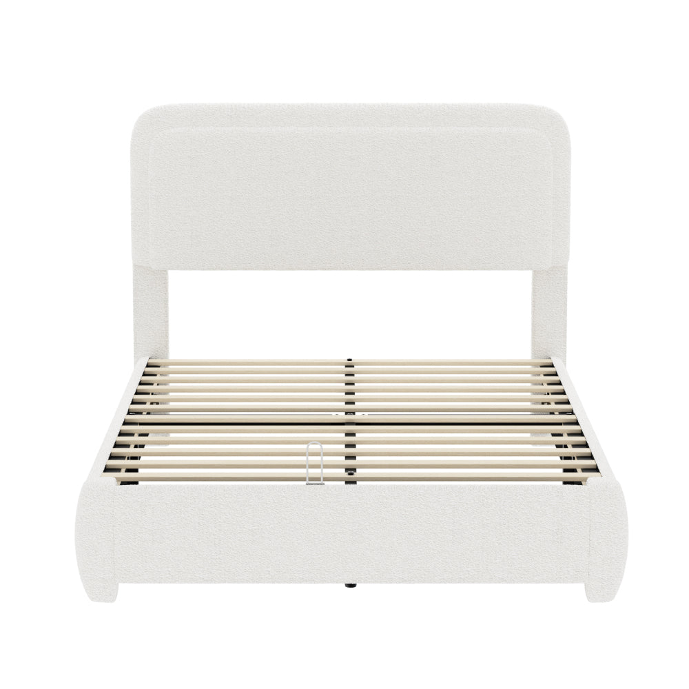 Full/Queen Size Boucle Platform Bed | Adjustable Curved Cloud Headboard 41"-43" | Foam Filled | Rounded Corner Protection | Low Profile | No Box Spring Needed | White