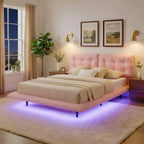 Queen Size PU Leather Floating Platform Bed | Button Tufted Segmented Headboard | Remote-Controlled LED Light Strip 6 Colors | 800 lbs | Hidden Leg Design | No Box Spring Needed | Pink / White / Khaki