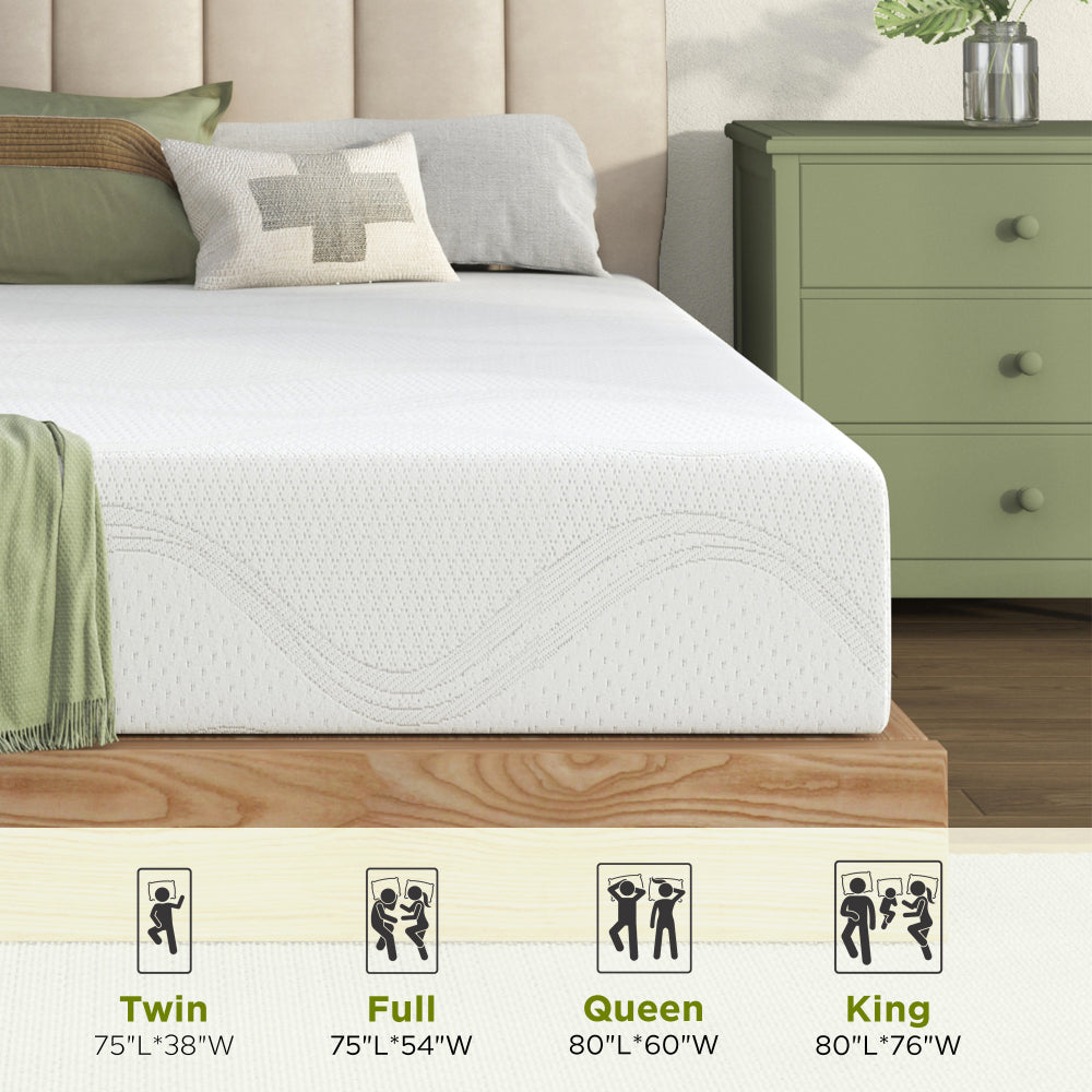 Twin/Full/Queen/King | 12" Memory Foam Mattress | Cooling Green Tea Gel | Dual-Layer High-Density Foam | Removable Washable Cover | CertiPUR-US Certified | Bedroom, Guest Room, Dorm | White