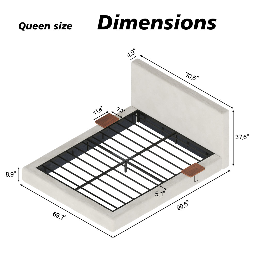 Queen/King Size Cloud Upholstered Platform Bed | Adjustable Sliding Side Shelves | Sherpa Chenille Fabric | CertiPUR-US & OEKO-TEX Certified Foam | Anti-Collision Low Profile | No Box Spring Needed | Off White