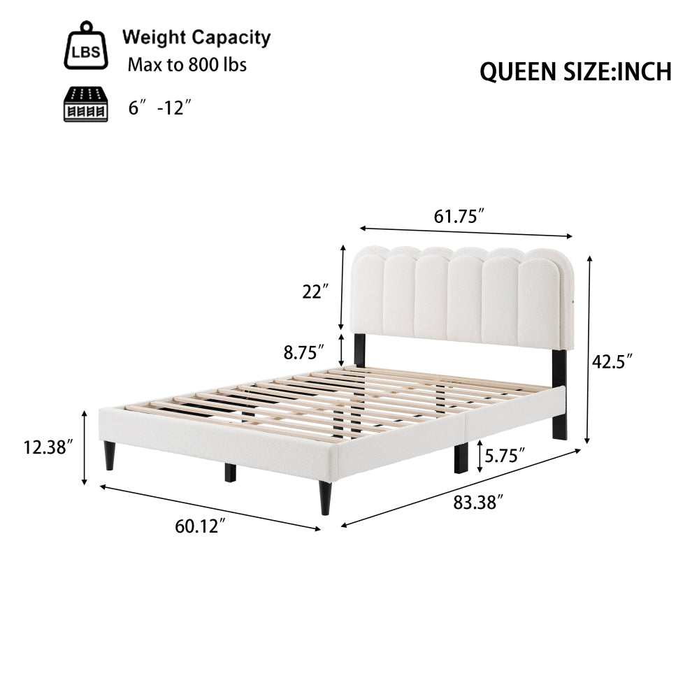 Full/Queen Size Boucle Platform Bed | Petal-Shaped Scalloped Headboard | Built-In Ambient Bedside Light | Rubberwood Legs | Silent Frame Design | No Box Spring Needed | White/Cream