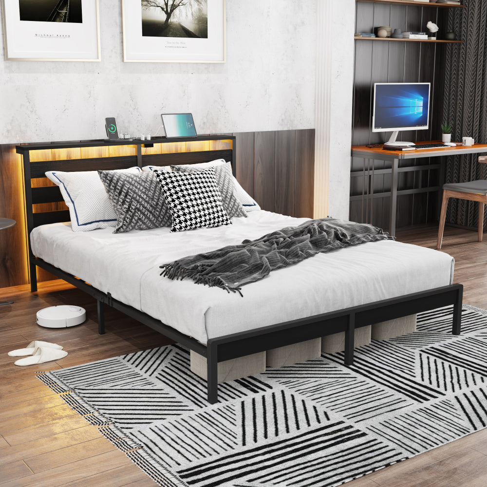 Full Size Metal Platform Bed | Wooden Headboard with USB Charging Station & LED Lights | Under-Bed Storage | 600 lbs Heavy Duty | No Box Spring Needed | Easy Assembly | Black