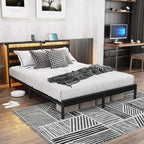 Full Size Metal Platform Bed | Wooden Headboard with USB Charging Station & LED Lights | Under-Bed Storage | 600 lbs Heavy Duty | No Box Spring Needed | Easy Assembly | Black