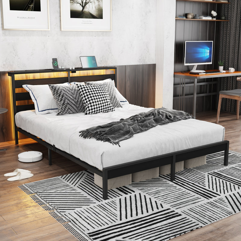 Full Size Metal Platform Bed | Wooden Headboard with USB Charging Station & LED Lights | Under-Bed Storage | 600 lbs Heavy Duty | No Box Spring Needed | Easy Assembly | Black