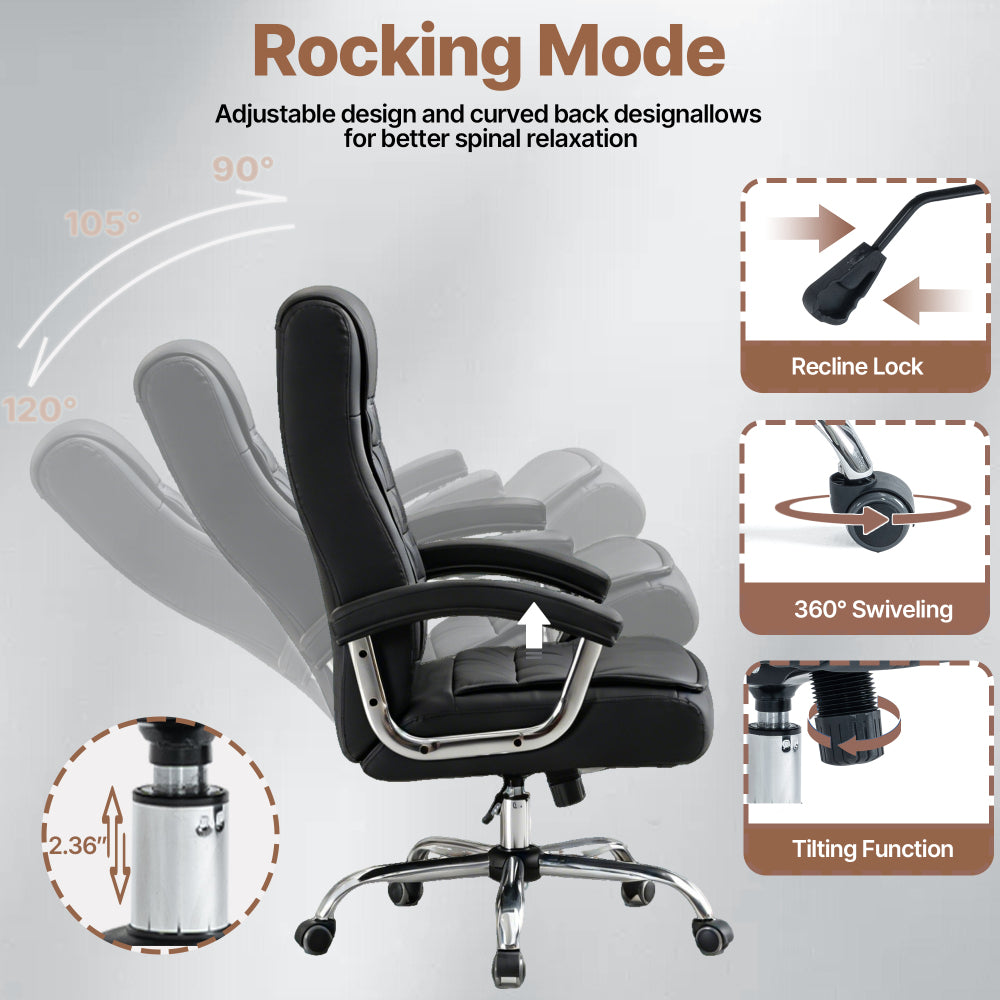 Executive High-Back PU Leather Office Chair | Spring Seat Cushion | Ergonomic Height Adjustment | Chrome Armrests | Reinforced Metal Frame | 360° Swivel | Floor-Friendly Casters | 350 lbs Capacity | Home Office | Black/Camel