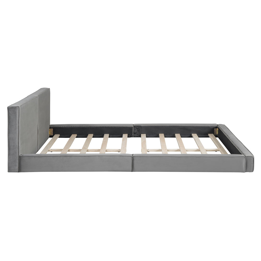 Queen Size Velvet Upholstered Platform Bed | Fully Wrapped Low Profile Frame | Solid MDF & Particle Board | No Box Spring Needed | Easy Assembly | Gray / Beige